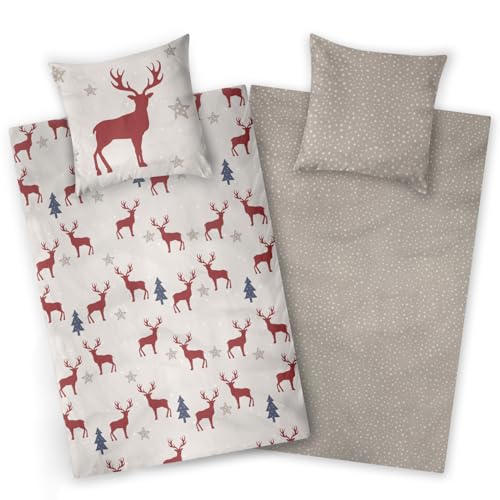 Aminata kids Biber Hirsch-Motiv Bettwäsche 135x200 Baumwolle Grau Rot - Winter Bettwäsche Warm - Weihnachten Winter-Bettwäsche - Elch Rentier Kinder Erwachsene warm weich