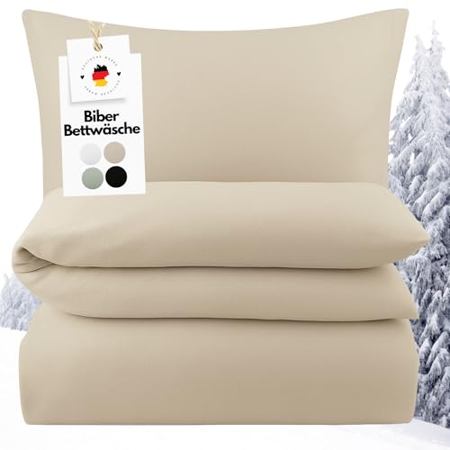 Carpe Sonno Biber Bettwäsche 135x200cm Beige [Made in Germany] - 100% Baumwolle - Set 2 teilig Kissen und Decke | Flanell Bettwäsche 135x200 Winter | Biber Bettbezug | Winterbettwäsche kuschelig