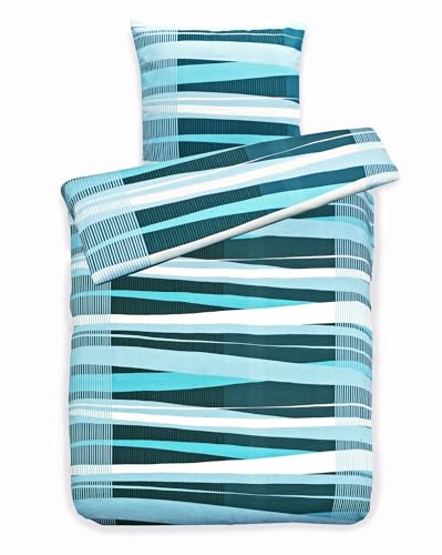 JACK Biber Bettwäsche 2 TLG. 135x200cm Streifen Blau Hellblau Petrol Baumwolle Reißverschluss Weich