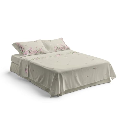 NARCISO - Bettwäsche für Doppelbetten, 100 % Baumwolle, bedruckt mit originellen Mustern, hergestellt und bedruckt in Italien mit hautfreundlicher Tinte, 4-teiliges Bettwäsche-Set (Blümchen, Creme)