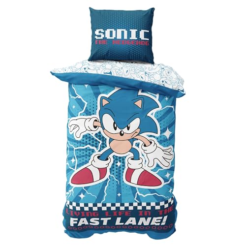 MTOnlinehandel Sonic Bettwäsche 135x200 Bettbezug + 80x80 Kissenbezug, Gaming für Kinder und Teenager aus Microfaser, Geschenkidee