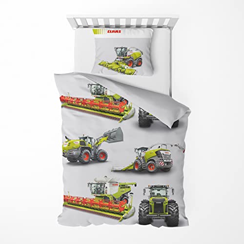 Träumschön Kinderbettwäsche Jungen 135x200 - CLAAS Traktor & Mähdrescher Design - Biber Bettwäsche 135x200 cm & Kissenbezug 80x80 - Set 2teilig