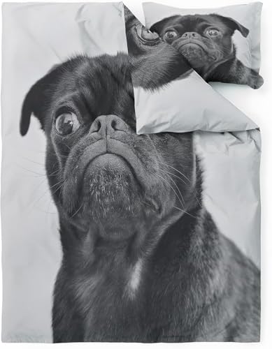 Buohwiwe Bettwäsche 140x200 Mops Bettbezug 140 x 200 cm 3 Teilig Wendebettwäsche 3D Schwarzer Hund Weich Mikrofaser Bettwäsche-Sets mit Reißverschluss und 2 Kissenbezüge a.8263