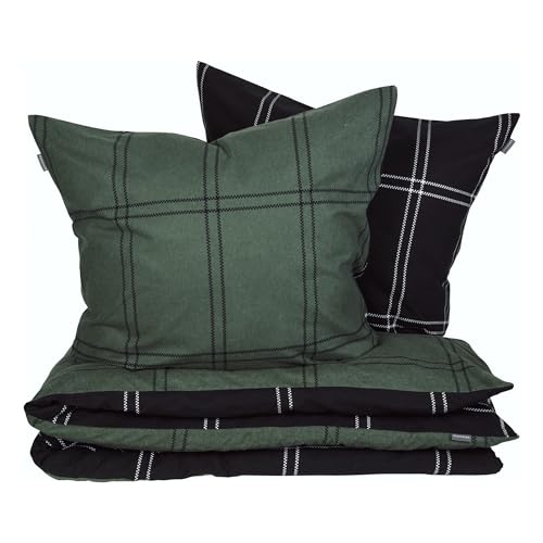 Schiesser Feinbiber Wendebettwäsche Set Ellis aus weicher, wärmender Baumwolle, Farbe:Dunkelgrün, Größe:135 cm x 200 cm