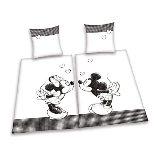 Herding 447862250 Partner Bettwäsche Mickey Mouse und Minnie Mouse, Doppelpack, 1 x Bettwäsche Mickey Mouse, 1 x Bettwäsche Minnie Mouse, 80 x 80 cm + 135 x 200 cm, Linon