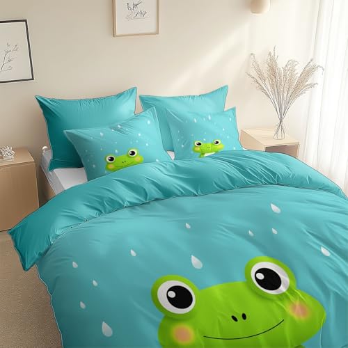 Ganzjahres 2 Teilig, Cartoon Frosch Im Minimalistischen Stil 135 x 200 cm Bettwäsche Türkis, aus Weich und Bügelfrei Mikrofaser mit Reißverschluss, für Allergiker geeignet Deckenbezug mit