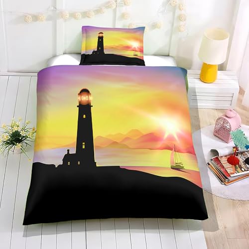 Hixingo Süße Kinder Bettwäsche-Sets aus Mikrofaser,3D Leuchtturm Druck Kuschelige Bettwäsche Sets - Bettbezug mit Reißverschluss und Kopfkissenbezug, 2 Teilig (Segelboot,140x200CM + 50x75CM)