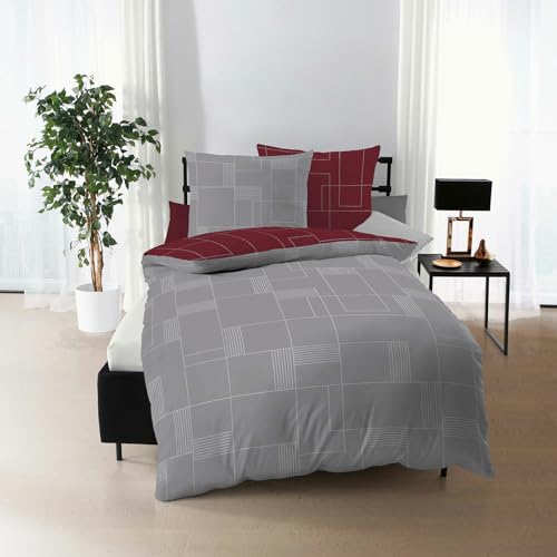 Traumschlaf stilvolle Biber Bettwäsche Uptown aus 100% Baumwolle mit Reißverschluss - ideal für den Winter 135x200 cm + 80x80 cm, Rubin