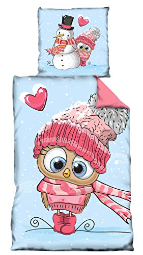 one-home 4 teilige Flausch Bettwäsche 135 x 200 cm Eule blau rosa Thermofleece Wende Set