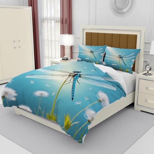 Hongduo 3D Libellen Bettwäsche Set 135x200 cm Weich Mikrofaser Pusteblume Bettwäsche-Set mit Reißverschluss 3 Teilig Bettbezüge mit Kissenbezug 80x80 cm