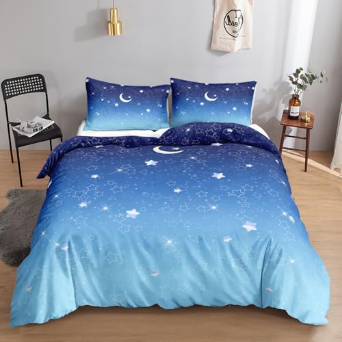 HOSIMA Mond, Sterne, Galaxie-bettwäscheset, 135 x 200 cm, blau, Bettwäsche Set 1 Bettbezug, 1 Kissenbezug, mit Reißverschluss, geeignet für Kinder, Jugendliche und Erwachsene