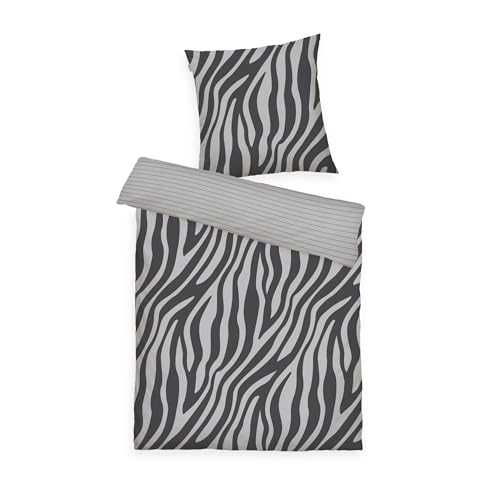 Tom Tailor Renforcé-Bettwäsche Zebra, Wendemotiv, 80x80 cm + 135x200 cm, mit Reißverschluss, 100% Baumwolle, Grau (Anthracite & Light Grey)