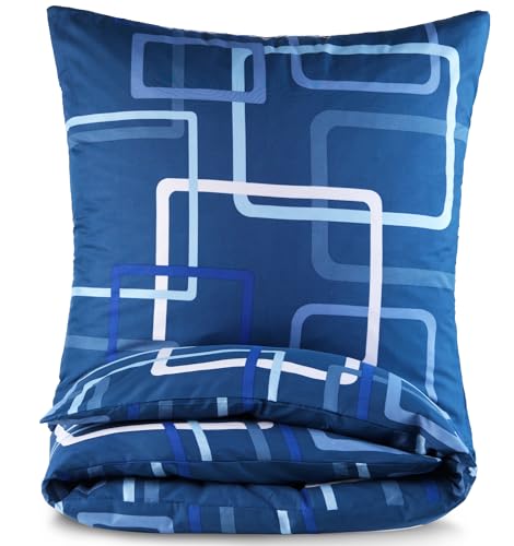 Bettwäsche 135x200 2 teilig - Mikrofaser Bettbezug 135x200 cm + Kissenbezug 80x80 cm - atmungsaktiver Stoff mit Reißverschluss - für Einzelbett - modernes Design Blau