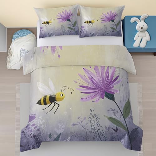 Lila Blumen Bettwäsche 200x200, Biene Floral Muster Mikrofaser Bettwäsche-Sets, Landhaus Botanische 3 Teilig Bettdeckenbezug mit Reißverschluss - 1 Bettbezug mit 2 Kissenbezügen 80x80 nAL133