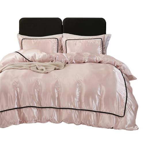 SUBLXPoten Seidenbettwäsche Set 3-teiliges Satin-Bettbezug-Set aus Seide, weiß, schwarz und rosa, Bettbezug, seidig, weich for alle Jahreszeiten(Champagne,20 0x200cm-UK-Double)