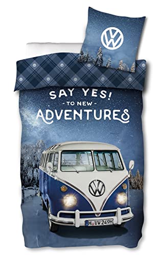SkyBrands Biber Bettwäsche VW Bulli 135x200 cm 80x80 [Reißverschluss] VW Bus Wende-Bettwäsche-Set Volkswagen 2tlg. Bett Set 1x Bettbezug 1xKissenbezug
