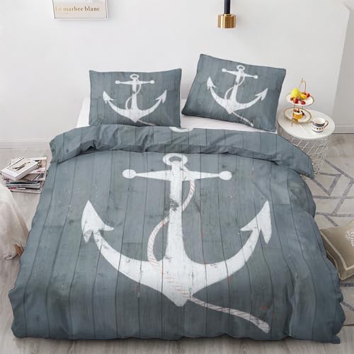 GEDAEUBA Bettwäsche 200x220 Maritim - Anker Bettbezug 200 x 220 3 teilig, Wendebettwäsche und Kissenbezug 80x80, Weiche & Angenehme & Atmungsaktive Mikrofaser Bettwäsche-Sets mit Reißverschluss