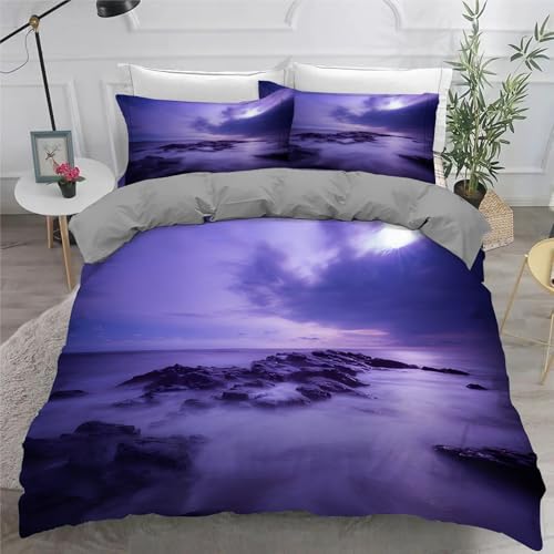 YZQGLHP Wellen und Felsen Bettwäsche 200x200cm, Violett-Blauer Himmel Bettbezug Wendebettwäsche, Weich Mikrofaser Bettwäsche-Sets mit Reißverschluss und 2 Kissenbezüge 80x80cm
