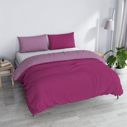 Doppelbett-Bettbezug, Uni Double Face, Bettwäsche-Set Vera, mit Bettdeckenbezug 250x200 cm mit Umschlag 20x50 cm + 2 Kissenbezüge 50x80 cm Fuchsia/Flieder
