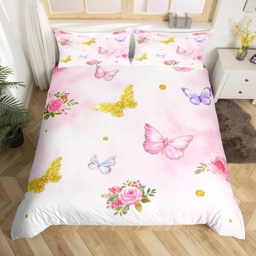 Homewish Schöner Schmetterling Bettwäsche Cartoon Bettbezug 155x220 Kinder Teen Mädchen Rose Blumen Botanische Pflanze Bedding Raumdekor Niedliche Träumige Prinzessin Stil Bettwäsche Set 1 Kissenbezug