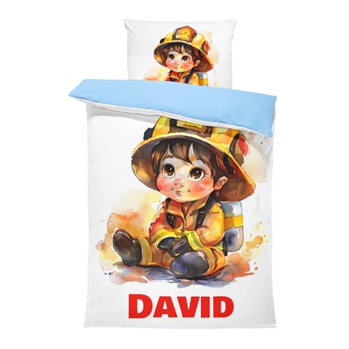 Pictogogo Feuerwehrmann-Design Jungenbettwäsche, Personalisierte Kinderbettwäsche mit Namen, Wasserfarben Motiv, Komplett Set mit Reißverschluss, Oeko-TEX Standard 100, 135 x 200 cm
