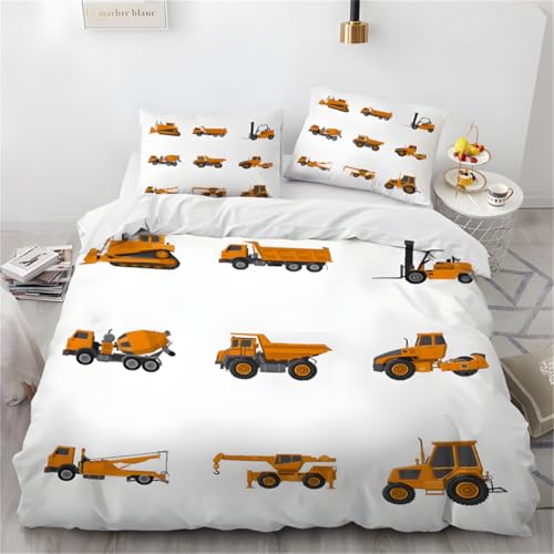 PNHCL Bettwäsche 200x200 3teilig Baufahrzeug Bettbezug und 2 Kissenbezug 80x80 cm, Traktoren Motiv Bettwäsche-Sets mit Reißverschluss - Mikrofaser Wendebettwäsche für Kinder Teenager & Deko