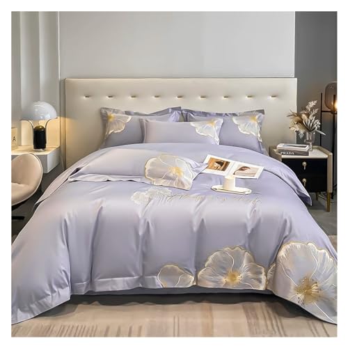 AYCDL Bettwäsche-Set, Bettwäsche-Set Aus Ägyptischer Baumwolle Mit Floraler Stickerei, Bettbezug, Weicher Bettbezug, Elastisches Spannbettlaken,D-King Fitted 4pcs