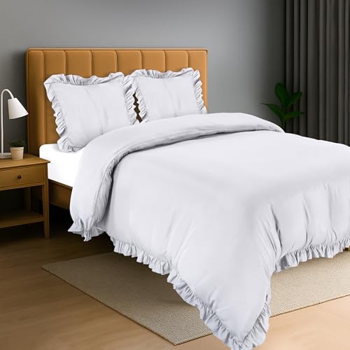 Utopia Bedding Rüsche Bettwäsche 220x240 Set - Mikrofaser Bettbezug 240x220 cm + 2 Kissenbezüge 65x65 cm - Bedruckt weiß