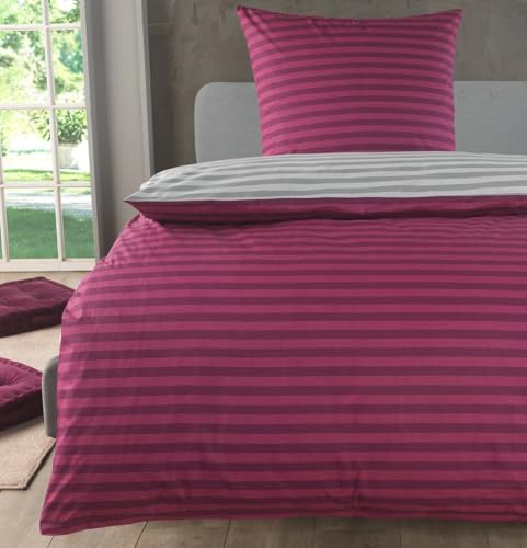 MALIKA Bettwäsche 155x220 Baumwolle, 2-teiliges Set, Streifenmuster, Wende Bettbezug 155 x 220 cm, Kissenbezug 80x80 cm, Renforcé, atmungsaktiv, maschinenwaschbar, Weinrot