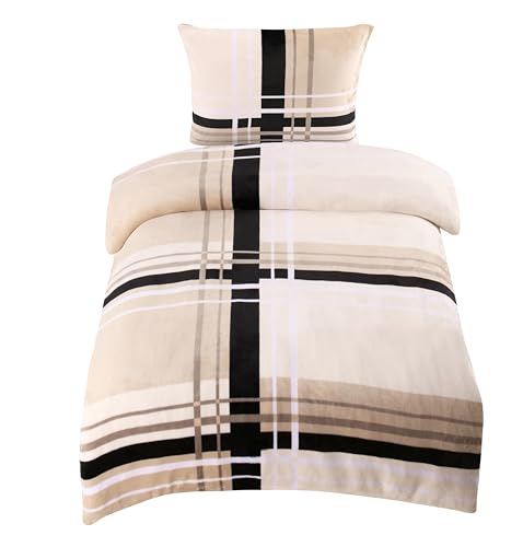 one-home Winter Bettwäsche gestreift grafisch modern Teddy Plüsch Cashmere Touch Nicki Coral Fleece Flauschig Kuschelig Warm Weich, Größe: 135x200 cm, Farbe: beige Natur