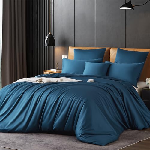Gezu 100% Baumwolle Bettwäsche 200x200cm Blau Petrol Mako Satin Bettwäsche Baumwollesatin 3 Teilig Einfarbig Uni Ästhetik Weich Bettbezug Set 200x200cm mit 2 Kissenbezug 80x80 und Reißverschluss