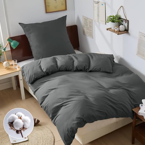 BEDELITE Bettwäsche 135x200 Baumwolle 2teilig - Bettwäsche-Sets Grau mit Reißverschluss, Bettbezug 135x200cm Anthrazit mit Kissenbezug 80x80 cm, Oeko-TEX Bedding weiche und atmungsaktiv Bettwaren