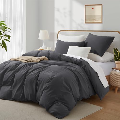 Boqingzhu Baumwolle Bettwäsche 200x220cm Grau Anthrazit Einfarbig Uni Ästhetik Doppelbett Weich Renforce Baumwollbettwäsche Bettbezug 200x220cm und 2 Kissenbezüge 80x80cm mit Reißverschluss
