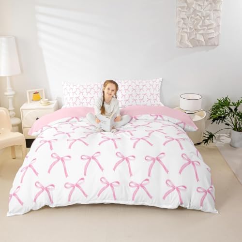 Manfei Pink Bow Knot Bettdecke Set S Größe für Kinder Mädchen Teens, weiche Prinzessin süße Stil Schmetterling Krawatte Bowknot Bettwäsche Set mit 1 Kissenbezug
