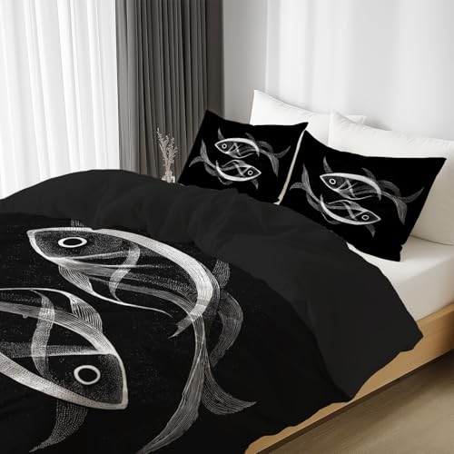 Generisch Bettwäsche Sets, Wendebettwäsche Bedding, Ultraweich Hochwertiger Mikrofaser, Stoff Hautfreundlich, mit Unsichtbarem Reißverschluss Einzelbett 135 x 200 cm Schwarz Abstrakt Fisch