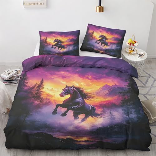 Pferde Deko - Winter Bettwäsche 140x200 Pferde, Wald Landschaft Bettbezug 2er Set mit 1 Kissenbezug 70x90, Weiche Mikrofaser Winterbettwäsche mit Reißverschluss B*&165