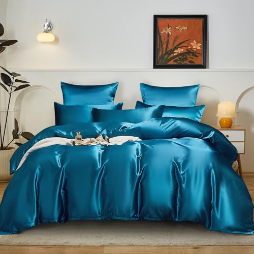 YASMENG Satin Bettwäsche 220x240 Petrol Uni Einfarbig Satin Bettwäsche Glänzend Glatt Deluxe Bettbezug Set Weich Seidig Seide Bettwäsche 3 Teilig mit Reißverschluss und 2 Kissenbezüge 80x80 cm