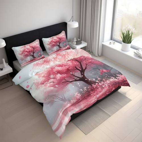 Generisch Bettwäsche Kirschblüten 155x200, Microfaser Bügelfreie Orientalisch Japanischer Stil Bettbezug und 2 Kissenbezüge 80 x 80, Bettwäsche-Sets 3teilig mit Reißverschluss