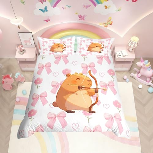 Homewish Cartoon Tiere Capybara mit Bogen Pfeil Bettwäsche 200x200 Rosa Herz Schleifen Blumen Bettbezug Bowknot Kapibara Kinder Jungen Bettwäsche Set Kawaii Tier Sportbegeisterter Bedding Wohndekor