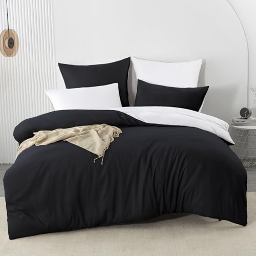 Nesture Bettwäsche 155x220 2teilig Schwarz/Weiß Bettwäsche Sets Microfaser Wendebettwäsche 155 x 220, weich & bügelfrei 1 Bettbezug + 1 Kissenbezug 80x80cm mit Reißverschluss