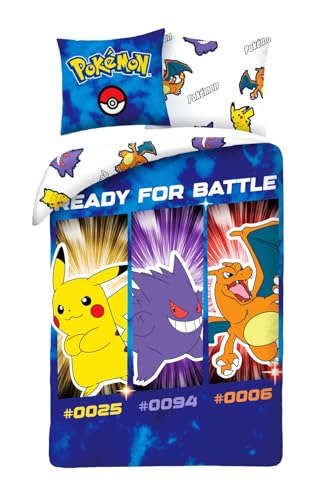 Pokemon Bettwäsche Set 135x200 + 80x80 · Pokémon Pikachu, Glurak & Gengar · KinderBettwäsche Set 2-teilig Bettbezug + Kissenbezug · Deutsche Größe · Baumwolle