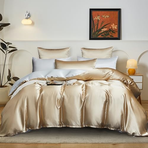 YASMENG Satin Bettwäsche 200x200 Beige Gold Weiß Wendebettwäsche Seide Bettbezug Set Glatt Glänzend Deluxe Weich Seidig Satin Bettwäsche 3teiling mit Reißverschluss und 2 Kissenbezüge 80x80 cm YASMENG Satin Bettwäsche 200x200 Beige Gold Weiß Wendebettwäsche Seide Bettbezug Set Glatt Glänzend Deluxe Weich Seidig Satin Bettwäsche 3teiling mit Reißverschluss und 2 Kissenbezüge 80x80 cm