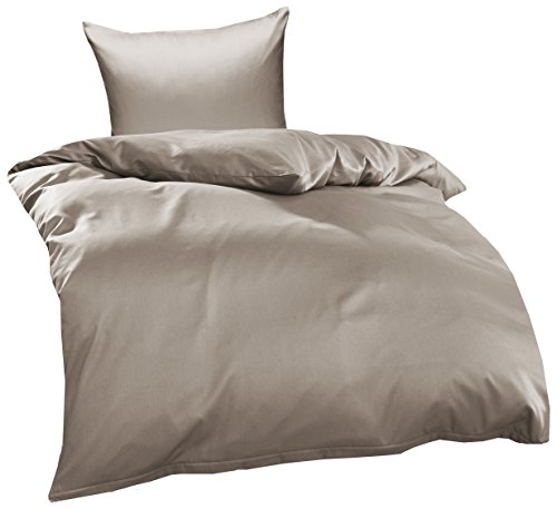 Bettwaesche-mit-Stil Mako Interlock Jersey Bettwäsche Garnitur Uni/enfarbig 100% Baumwolle 155x220 + 80x80 cm Taupe Braun