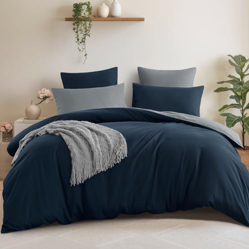 Aisbo Bettwäsche 200x220 3teilig Blau Grau - Bettwäsche Sets 1 Bettbezug 200x220 cm + 2 Kissenbezüge 80x80 cm, ÖKO-TEX Wendebettwäsche Weich Mikrofaser mit Reißverschluss