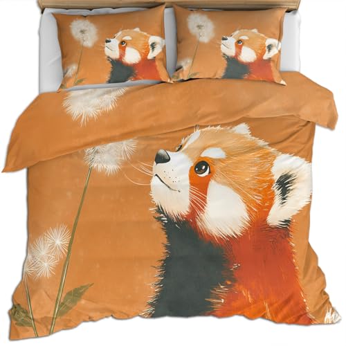 Panda-Bettwäsche-Set für Einzelbett, niedliches rotes Panda-Bettwäsche-Set, Pusteblumen-Bettbezug, orangefarbener Bettbezug, natürlicher Tierdruck, Bettbezug und Kissenbezug, 3-teilig, weiche
