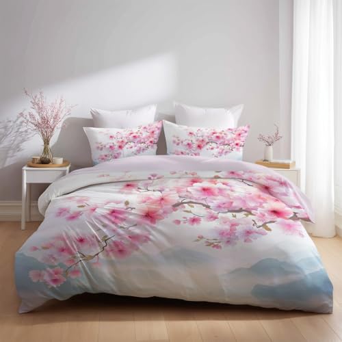 Orientalisch Blumen Kirschblüte 3 - teilig Wende bettwäsche Premium Qualitãt Weiß Aus Mikrofase - Deckenbezug(180 x 200) Mit Reißverschluss - Kuschelig Weich & Bügelfrei