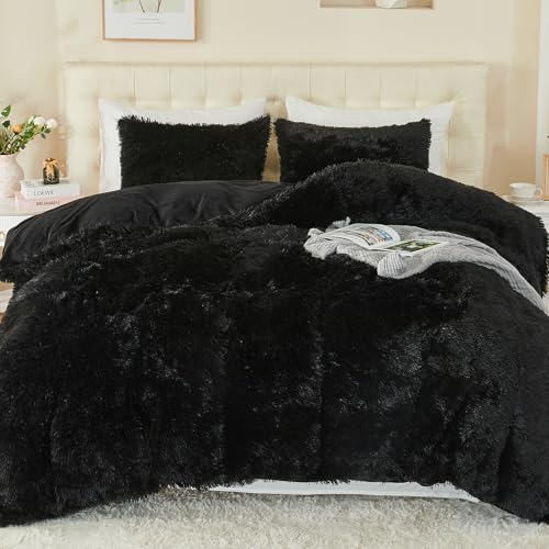 EMME Plüsch Bettwäsche Set 135x200cm Biber Flauschige Bettdecke Set für Bett Shaggy und Plüsch weiche Bettwäsche Bettbezüge und 1 Kissenbezug 80x80cm, Schwarz