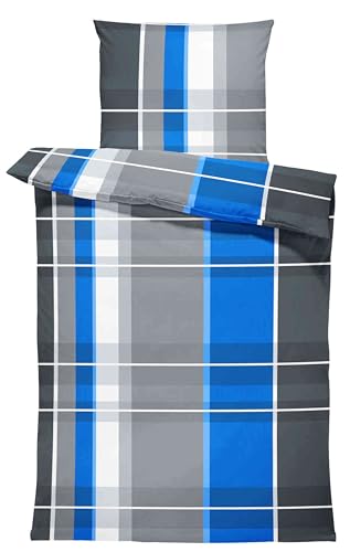 one-home Winter Biber Bettwäsche Baumwolle Kuschelig Flauschig Warm Weich Bettbezüge Modern, Größe:2 teilig 135x200 cm, Farbe:Kariert gestreift blau