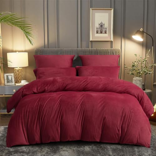 DXHOME Biber Bettwäsche 220x240cm Winter Rot Weinrot Kuschelbettwäsche Flauschig Microfaser Fleece Warme Wende Bettwäsche-Set Bettbezug mit Reißverschluss und 2 Kissenbezüge 80 x 80cm