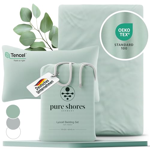 pure shores - Lyocell Bettwäsche 135x200 | Bettwäsche Set 100% Lyocell Satin | Oeko-Tex | Tencel | Reißverschluss | Set mit Kissen (Ozean-Grün, 135x200 + 80x80 cm)
